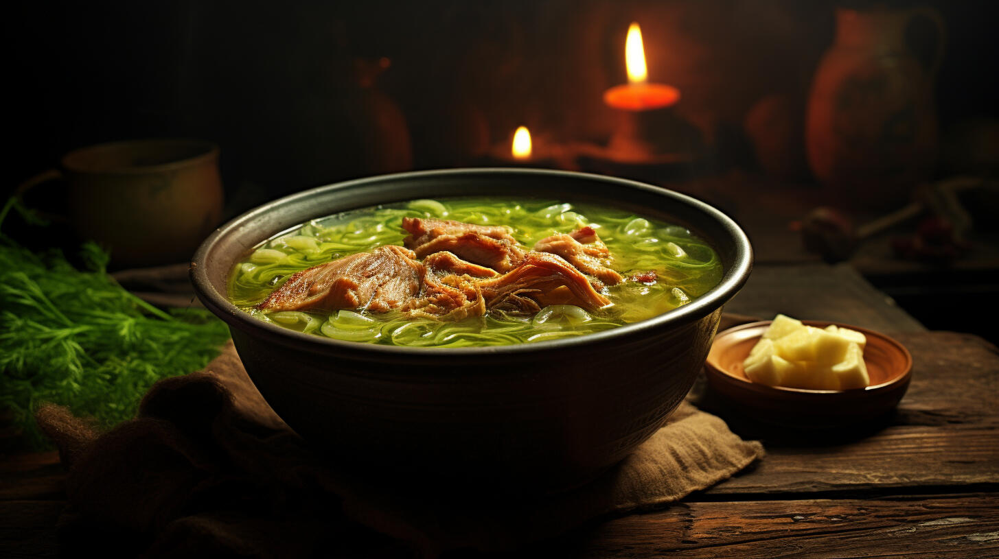 Eine Schüssel mit Schweinsohrensuppe auf einem rustikalen Tisch