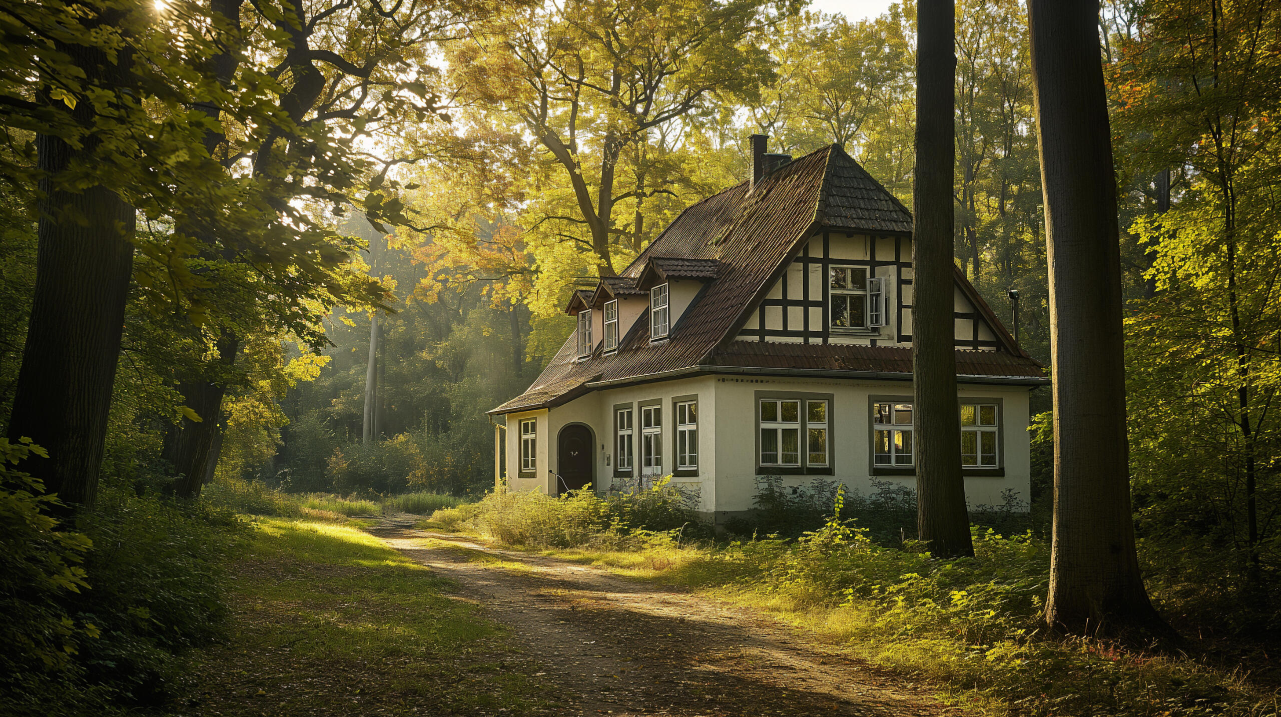Ein altes Gebäude steht im Wald: es ist die Oberförsterei.